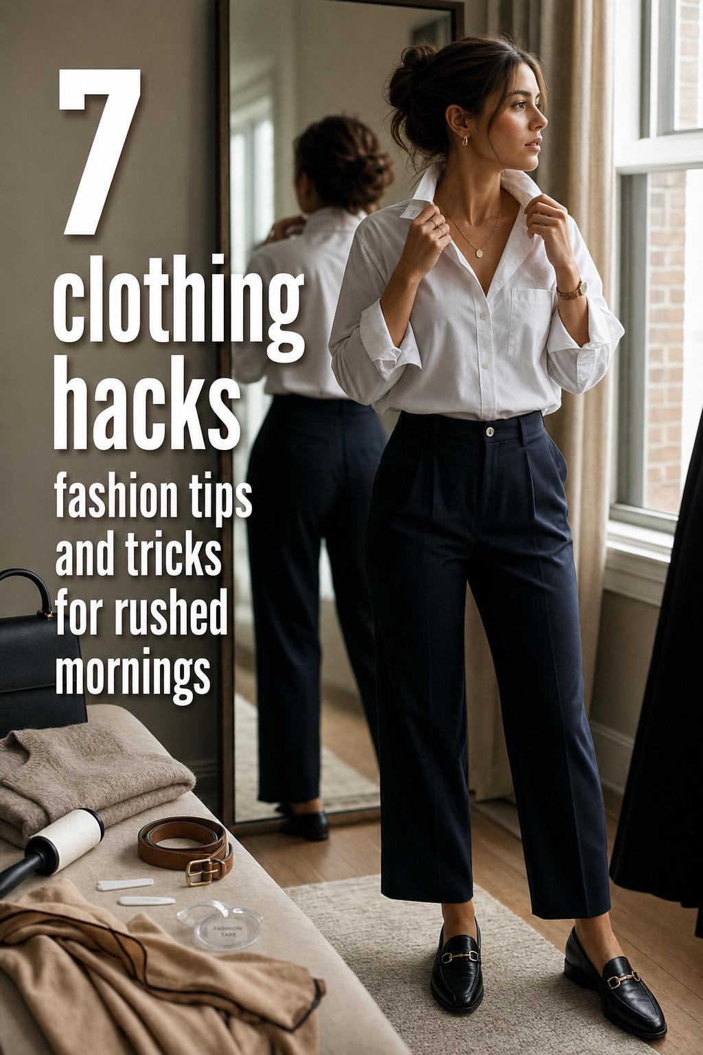 clothing hacks fashion tips and tricks for rushed mornings, woman adjusting white shirt by mirror in modern bedroom