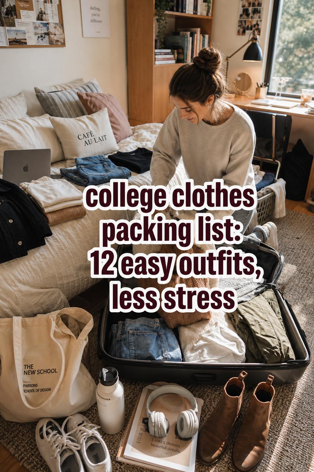 College clothes packing list in a cozy dorm as a student packs a capsule wardrobe into an open suitcase on the bed