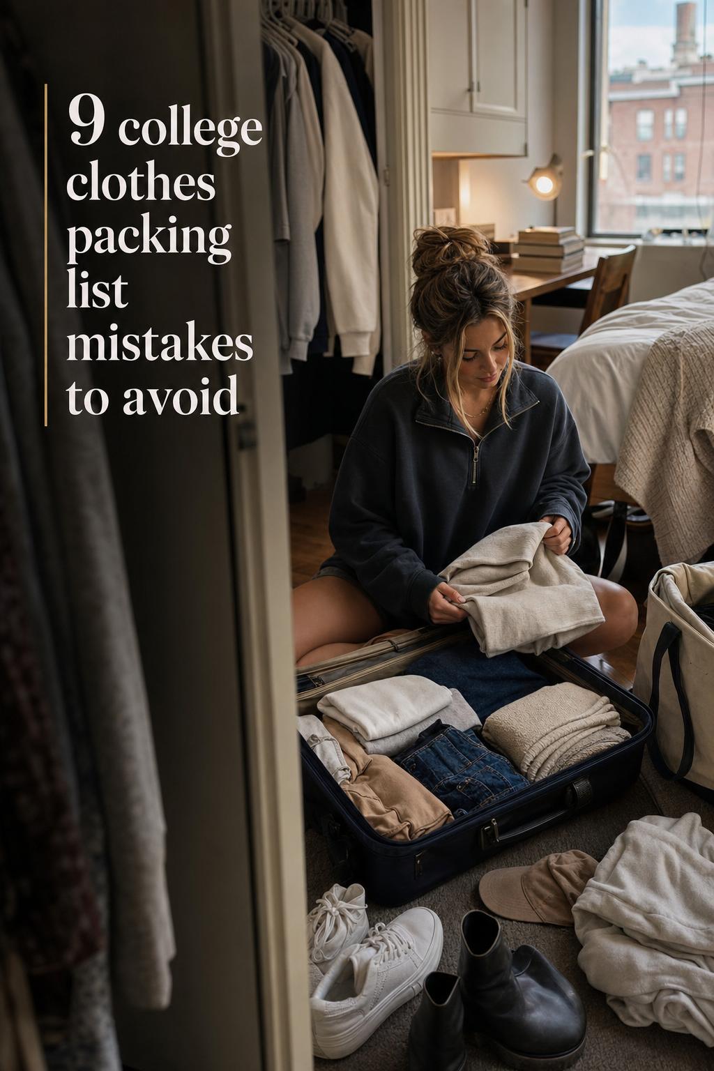 College student packing a capsule wardrobe in a dorm room for a college clothes packing list, with suitcase and shoes