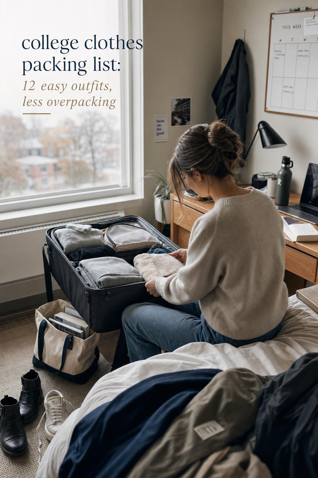 College clothes packing list scene in a dorm room with a student packing a capsule wardrobe into an open suitcase by a window