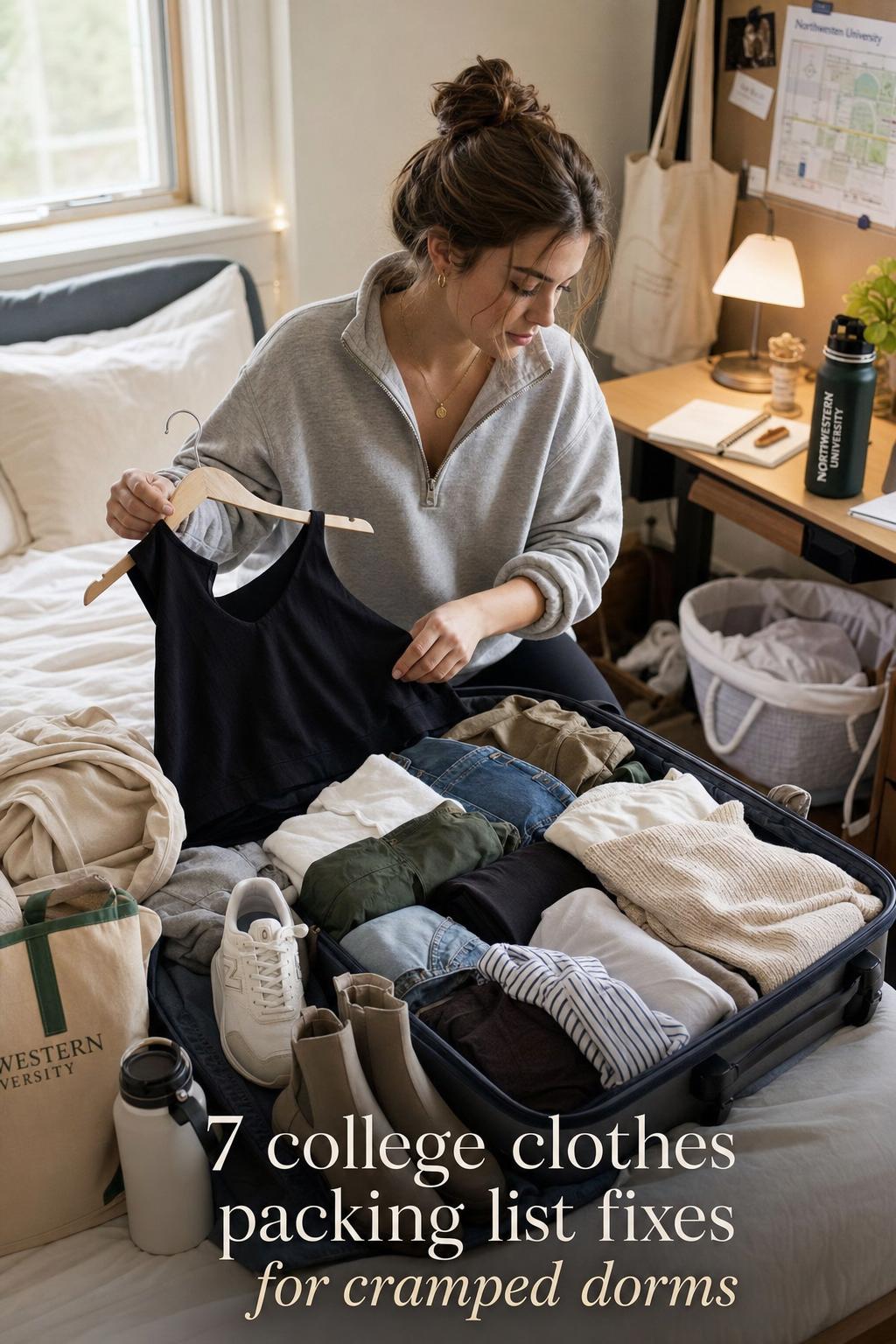 College clothes packing list moment: student packing a capsule wardrobe into a suitcase in a cozy dorm room.