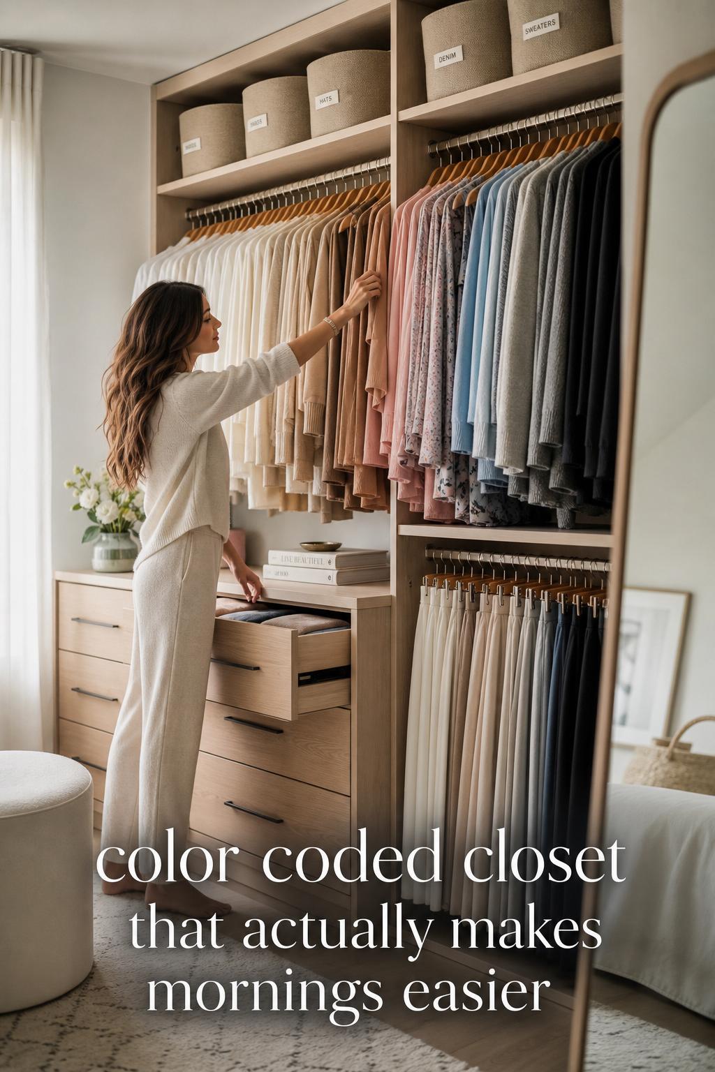 Color coded closet in a modern dressing room with a woman organizing ombré wardrobe rails and drawers in soft daylight