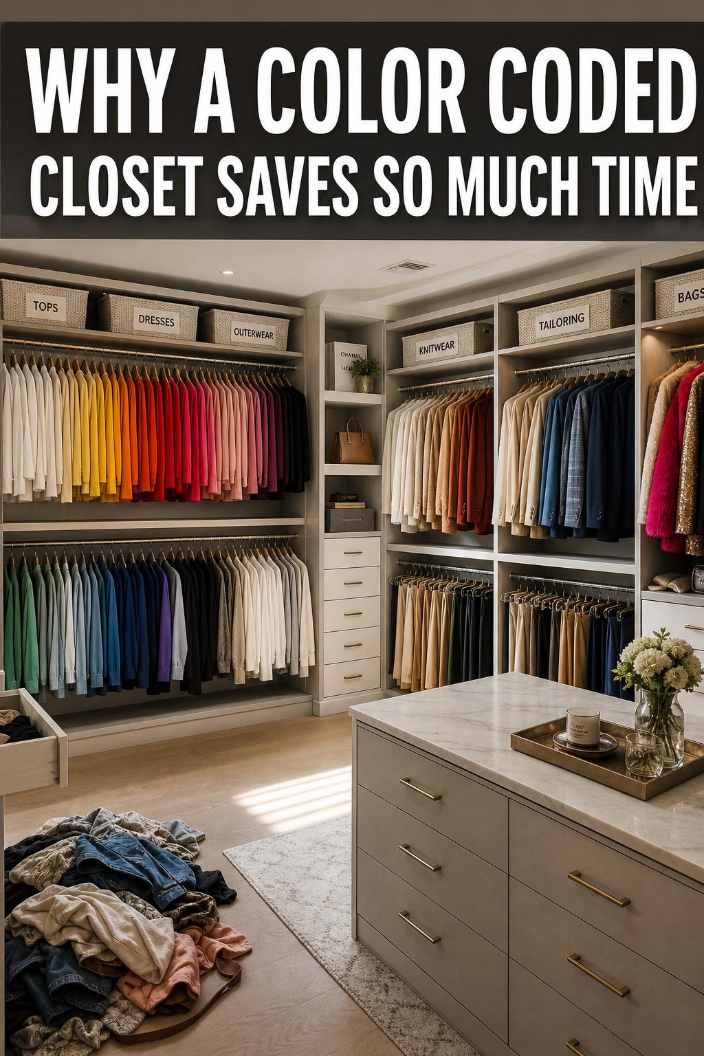 Color coded closet with neatly organized clothes on matching hangers in a bright, modern wardrobe space
