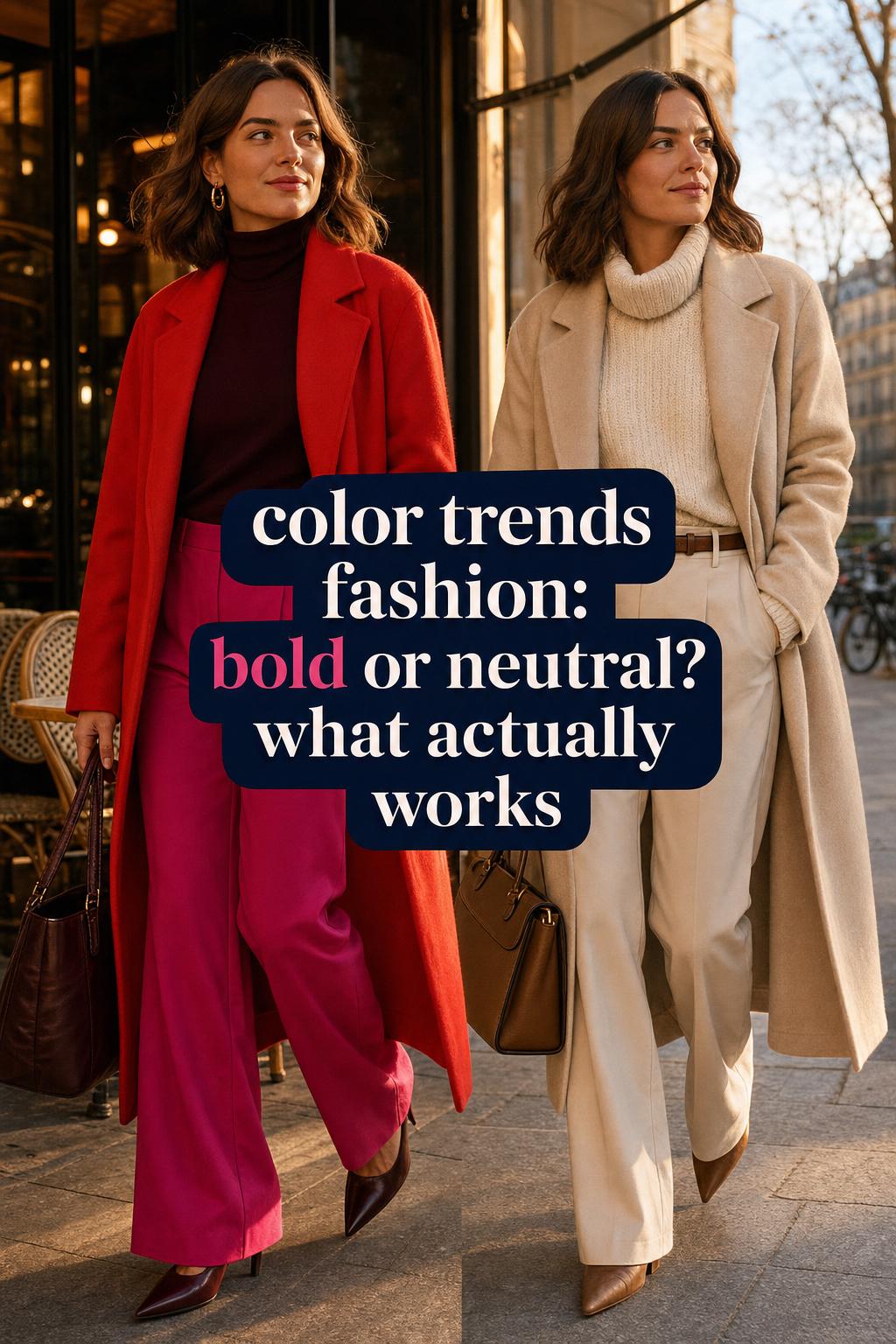 Modern city street style showing bold and neutral outfits, long coat and tailored trousers, highlighting color trends fashion