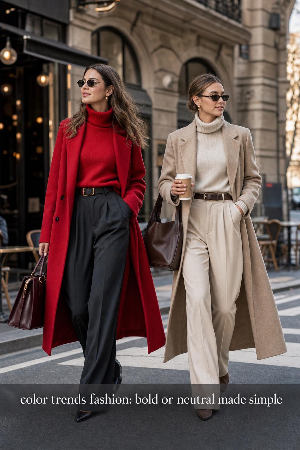 Color trends fashion comparison of bold statement coat vs tonal neutral outfits on a city street, editorial street style photo