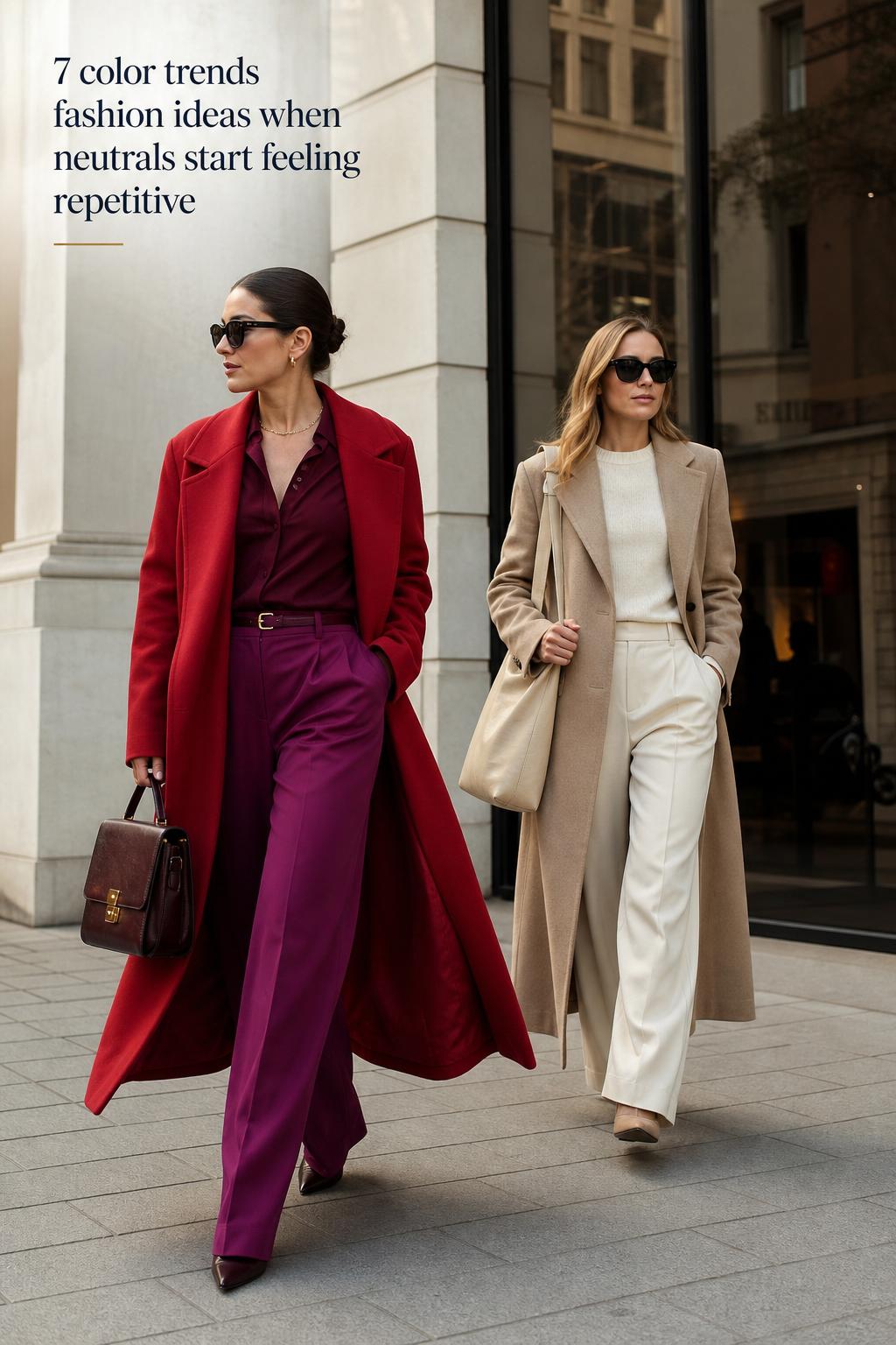 Urban street style editorial comparing bold and neutral outfits, showcasing color trends fashion with tailored coats and textures.