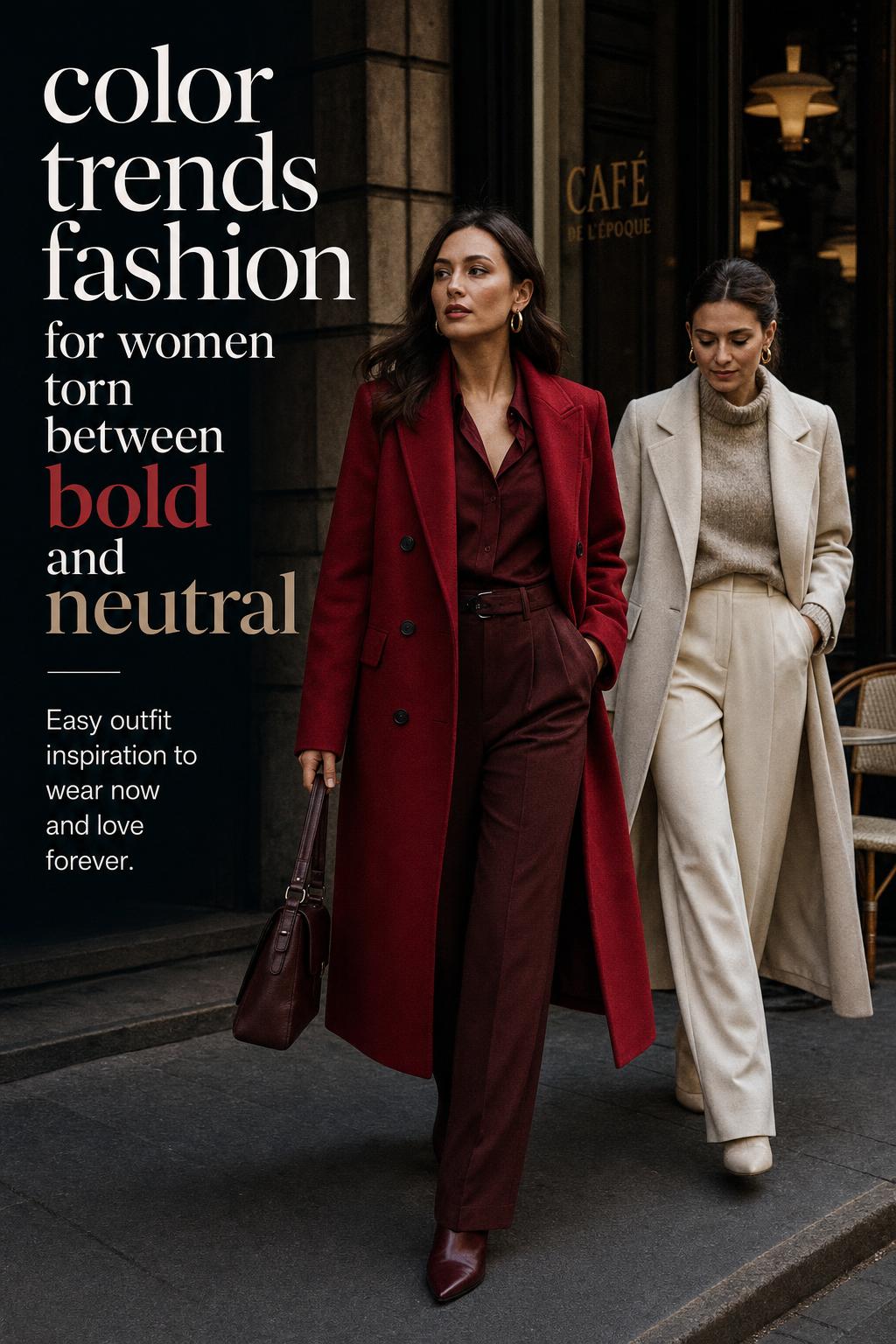 color trends fashion wardrobe comparison with bold red coat and tonal neutral outfit on a chic city street near a cafe
