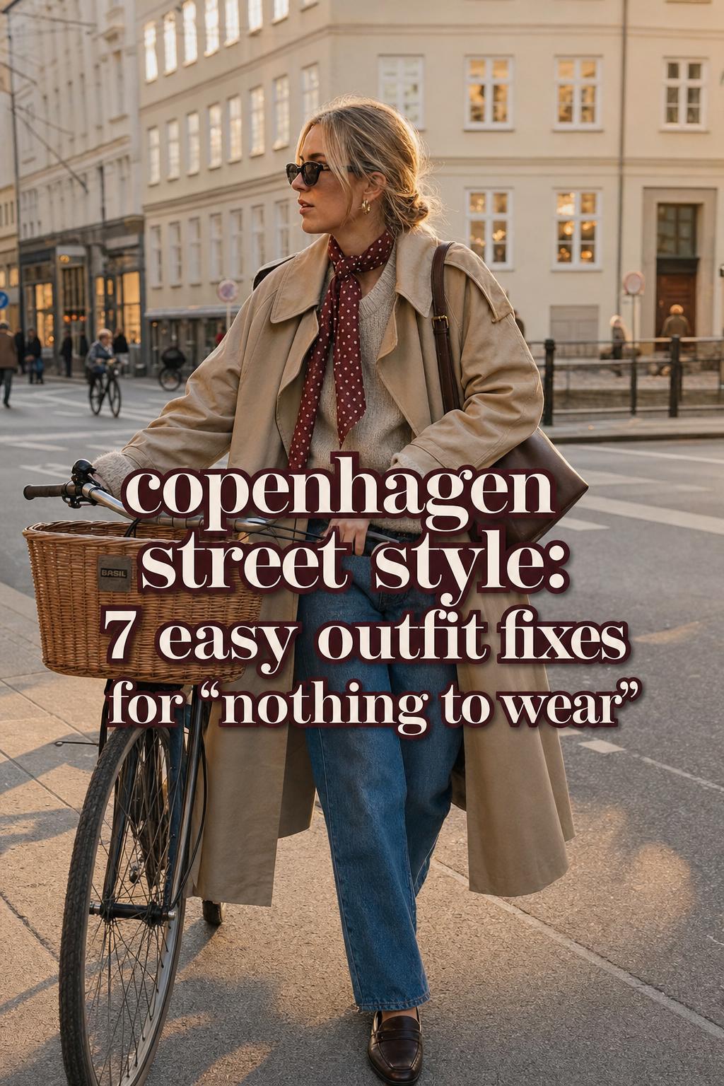 Copenhagen street style at golden hour with stylish woman in trench coat and scarf on a Scandinavian city street