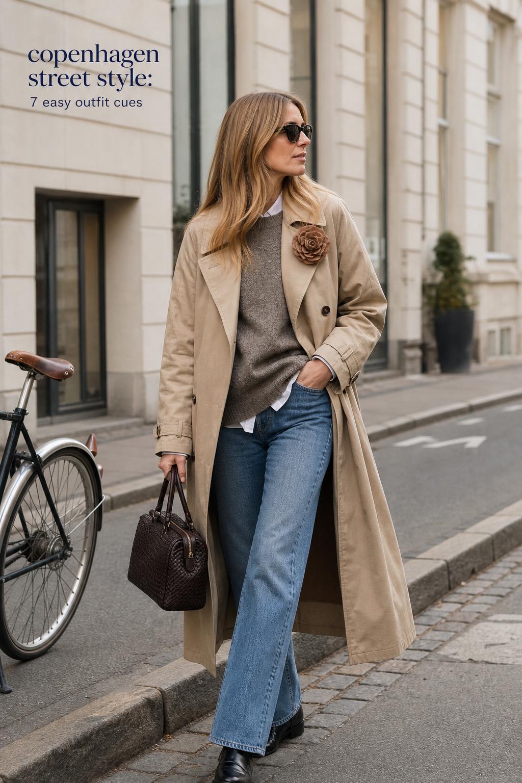 Copenhagen street style on a Scandinavian cobblestone street with a woman in a trench coat and chic accent scarf