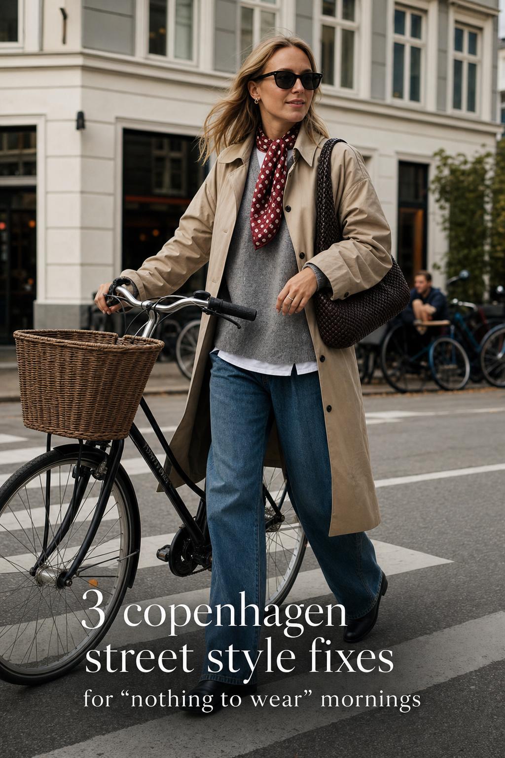Copenhagen street style woman walking beside a bicycle in bright Scandinavian daylight, wearing a neutral trench and knit