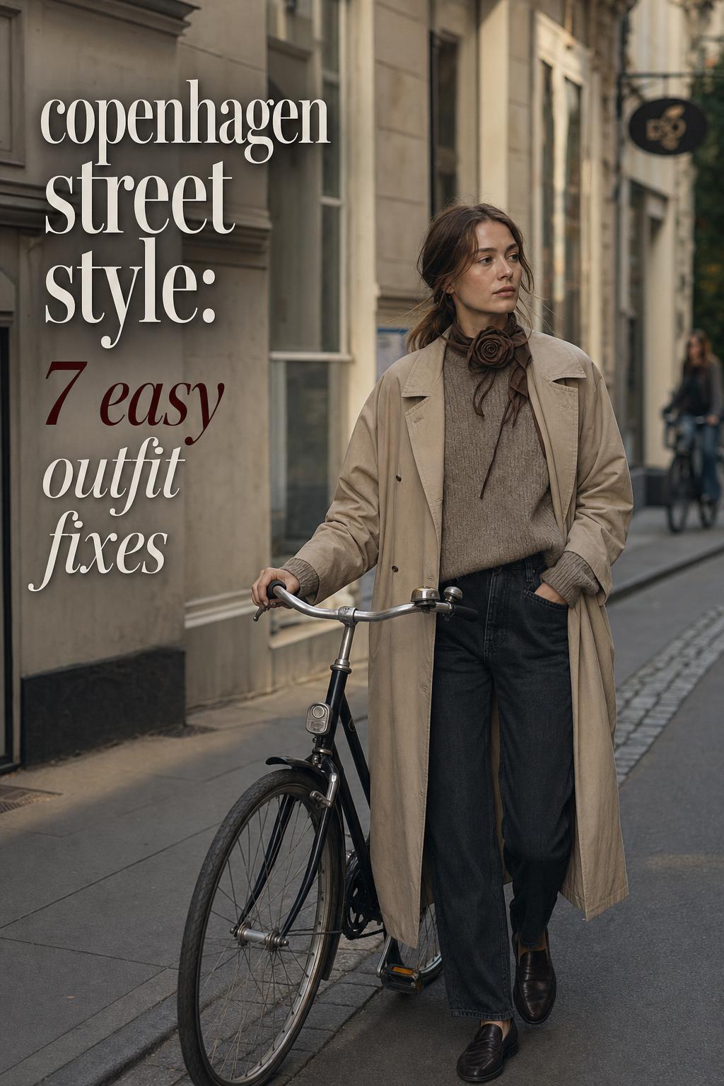 Copenhagen street style fashion editoral photo of woman walking bicycle in trench coat, knit sweater and scarf on city street