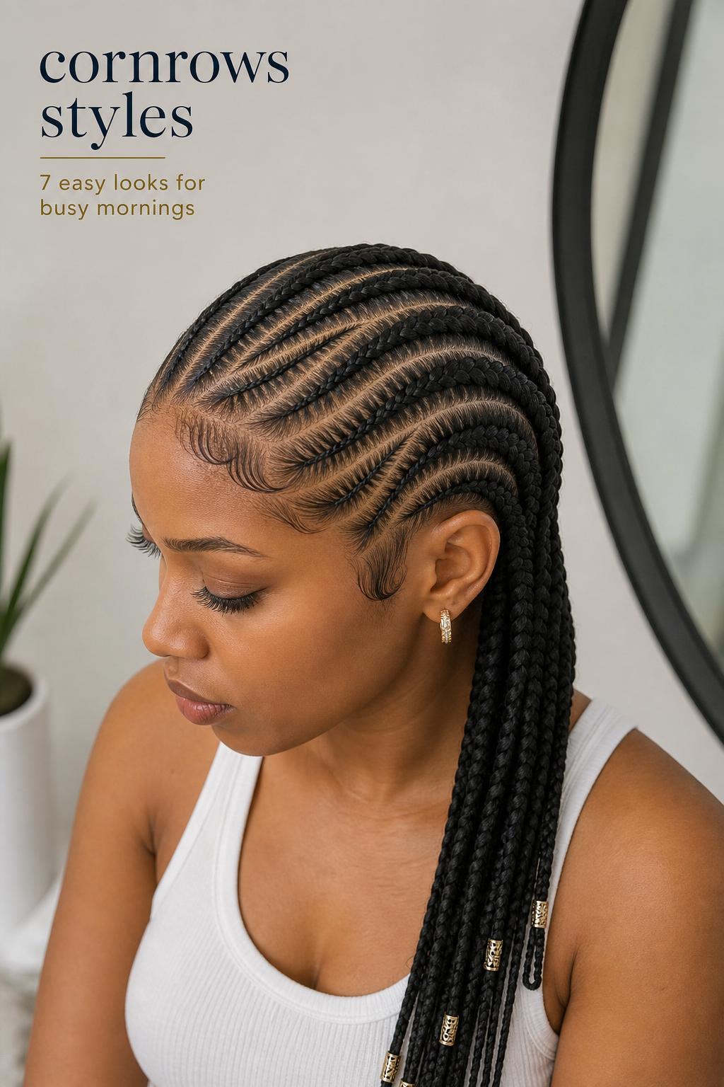 Cornrows styles close-up portrait with clean scalp parts, neat braid geometry, subtle baby hairs in minimalist editorial light