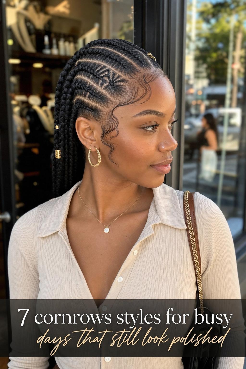 Cornrows styles on natural hair with geometric feed-in details, baby hairs, and metallic cuffs in soft window light
