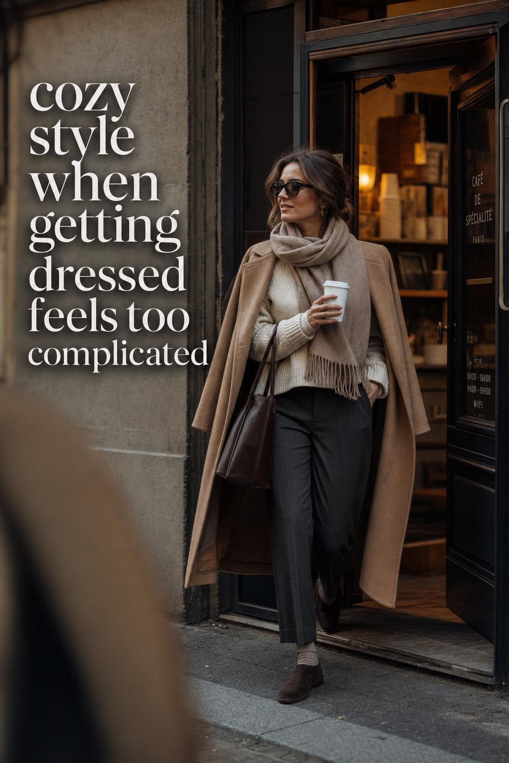 Cozy style city outfit: woman in camel coat and knit sweater walking out of a café on a muted urban street