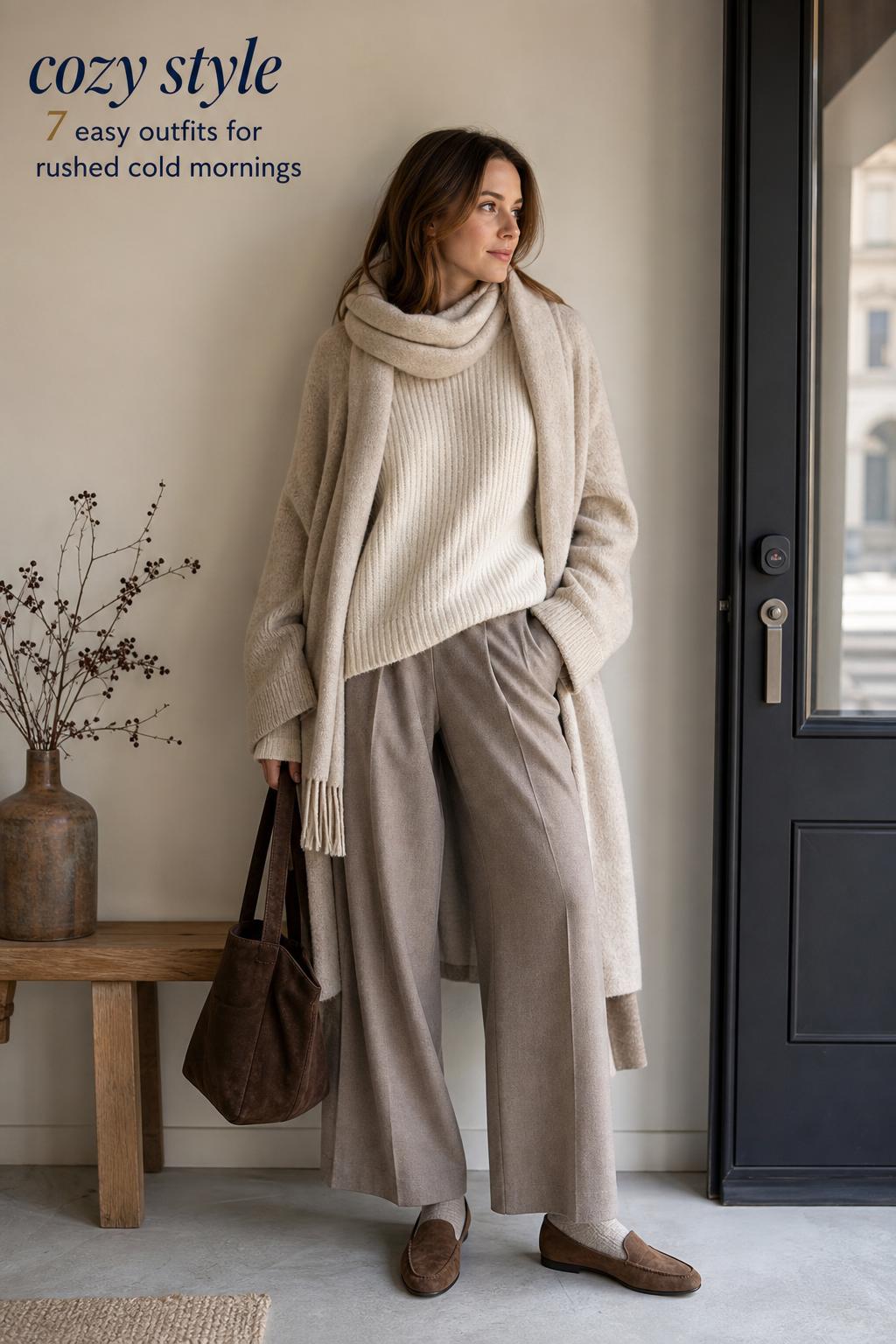 Cozy style editorial photo of a woman in layered neutral knits and wool coat in a softly lit city apartment entryway