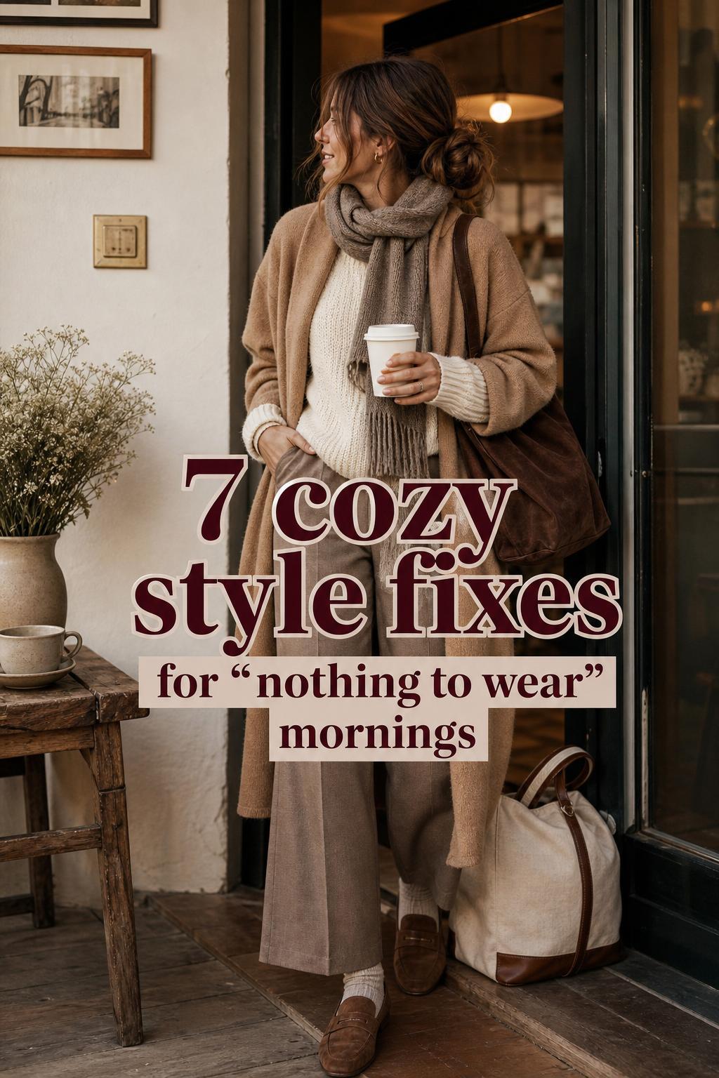 Cozy style outfit in a warm city entryway with cream knit sweater, camel coat, taupe trousers, and scarf text overlay