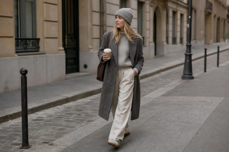 Cozy style outfit with camel wool coat, cream knit sweater, wide-leg trousers, and ankle boots in soft neutral tones