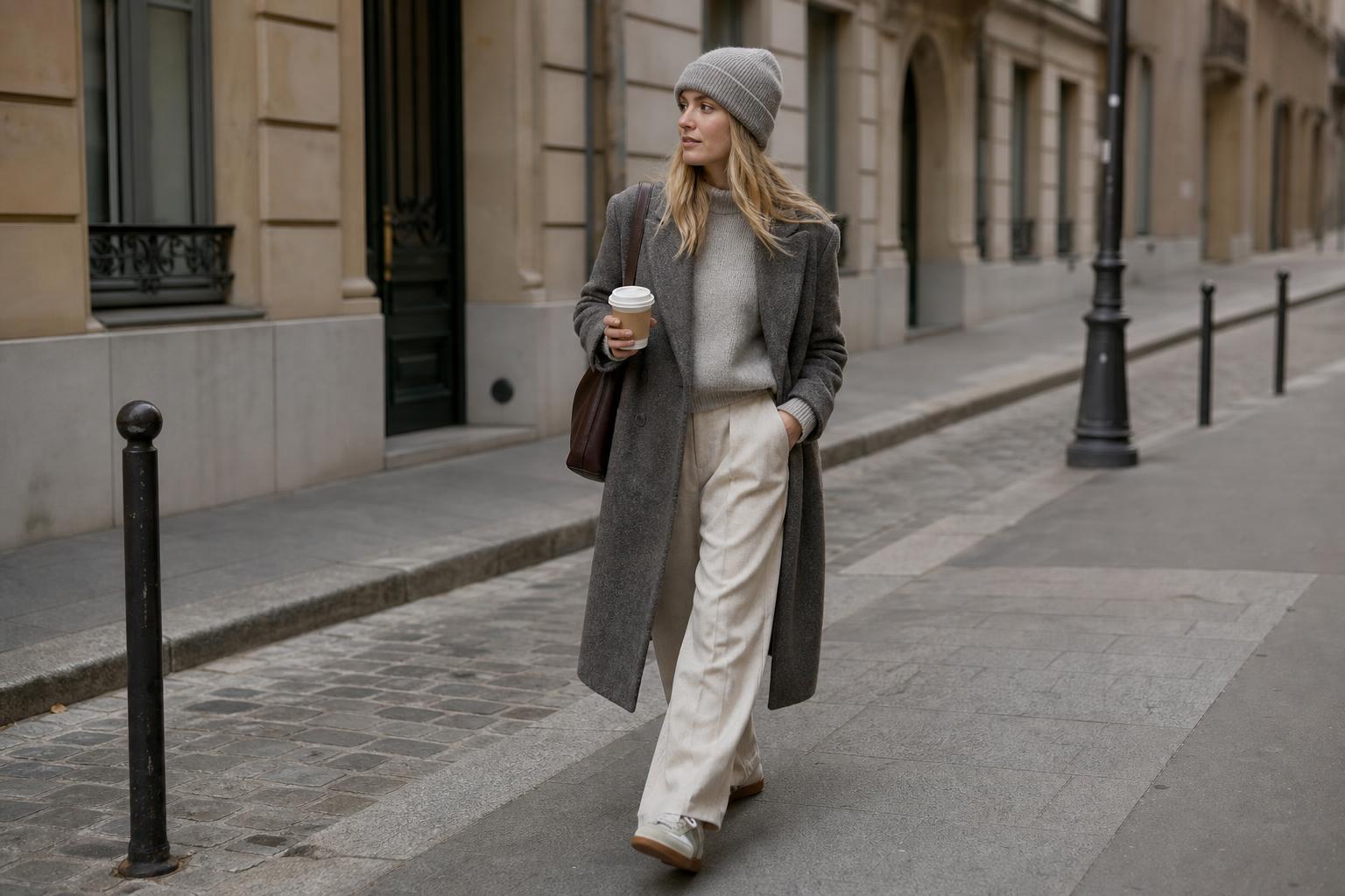Cozy style outfit with camel wool coat, cream knit sweater, wide-leg trousers, and ankle boots in soft neutral tones