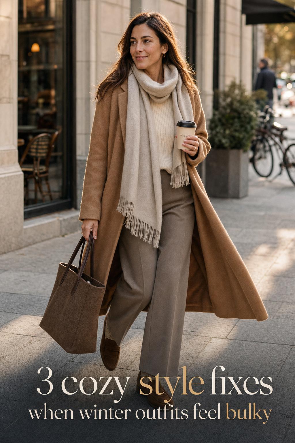 Cozy style street photo of a woman in camel wool coat and scarf walking with takeaway coffee in soft morning city light