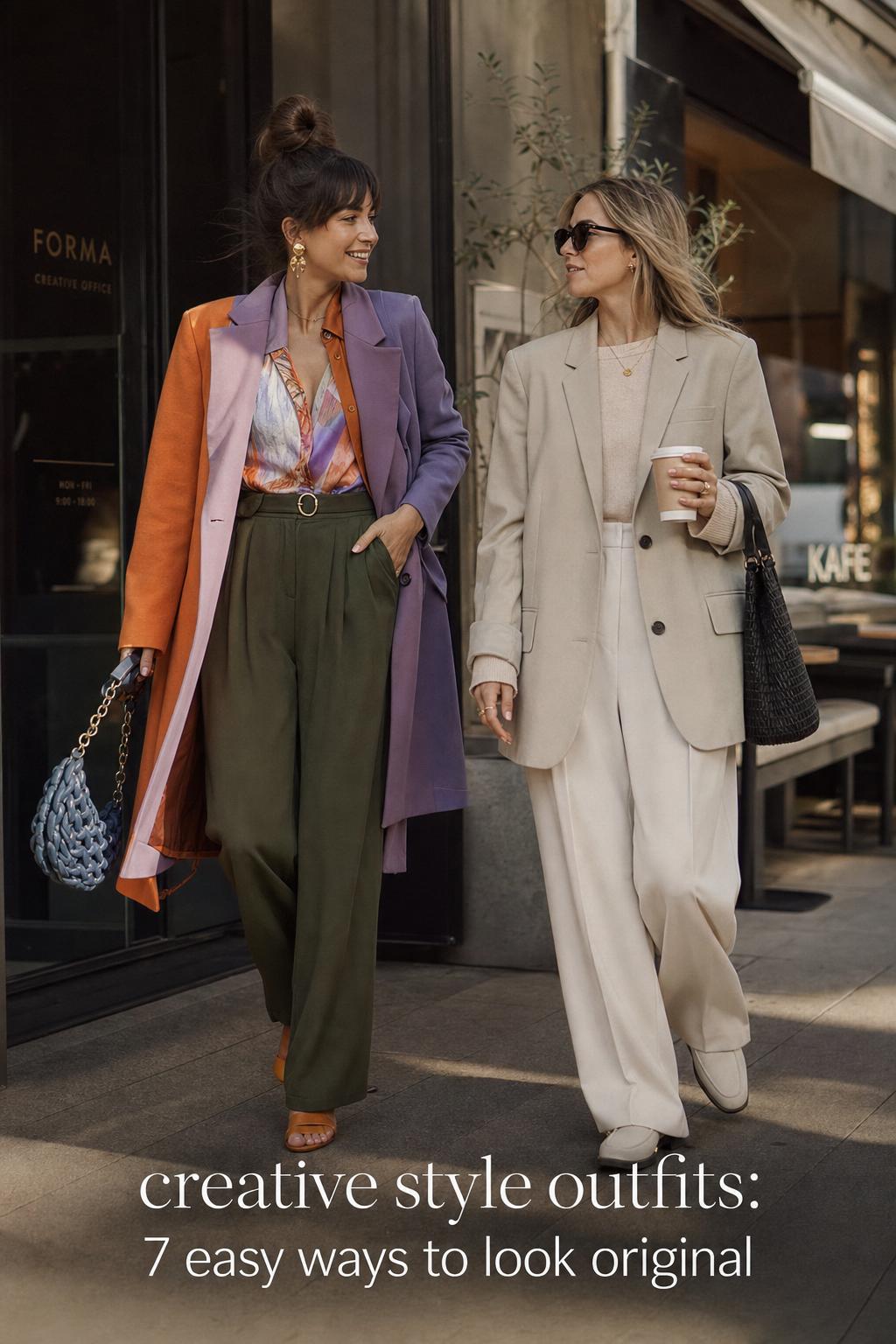 creative style outfits contrast: bold editorial layers beside Scandinavian minimalism on a golden-hour city street