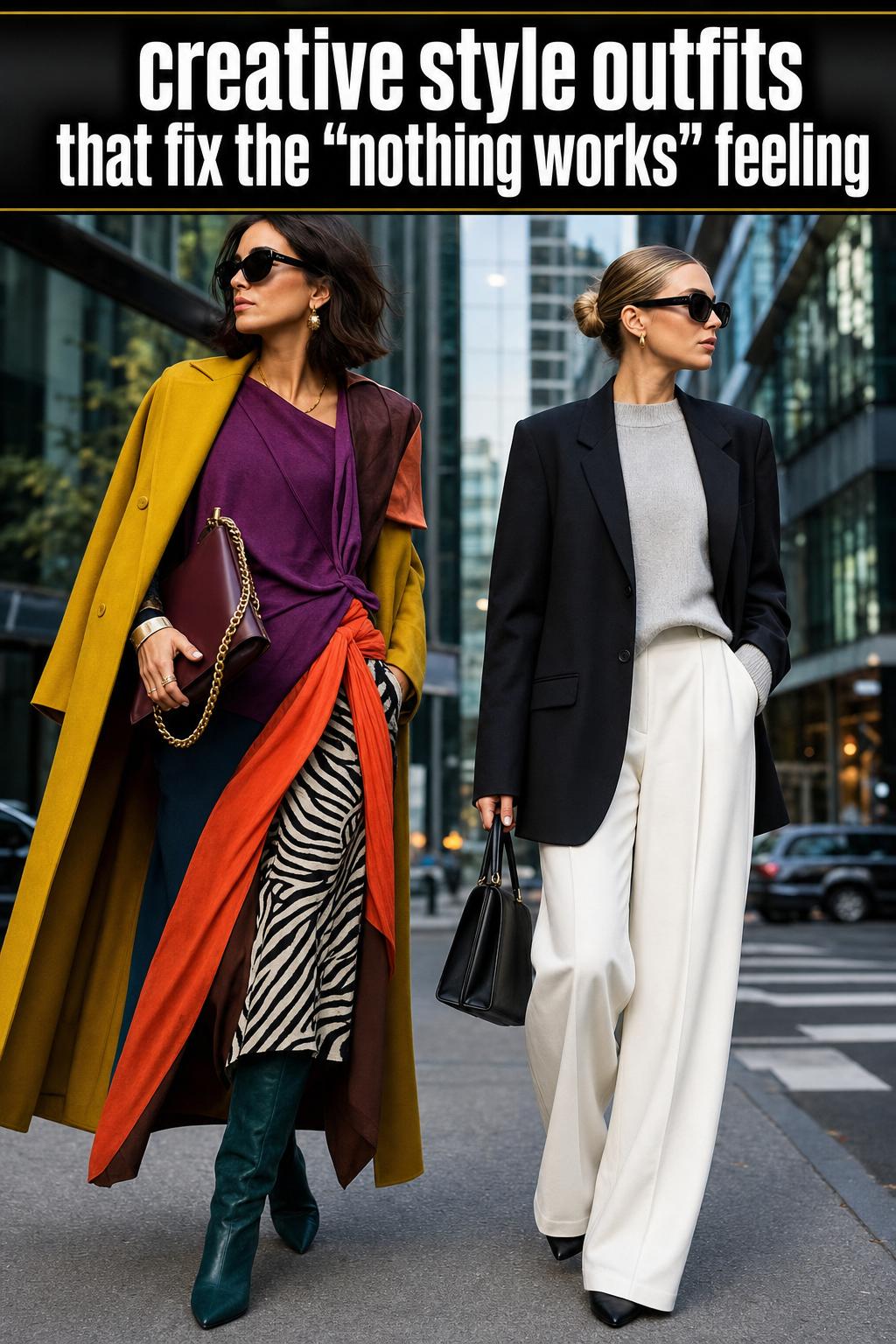 Creative style outfits displayed on a clothing rack in a bright studio setting