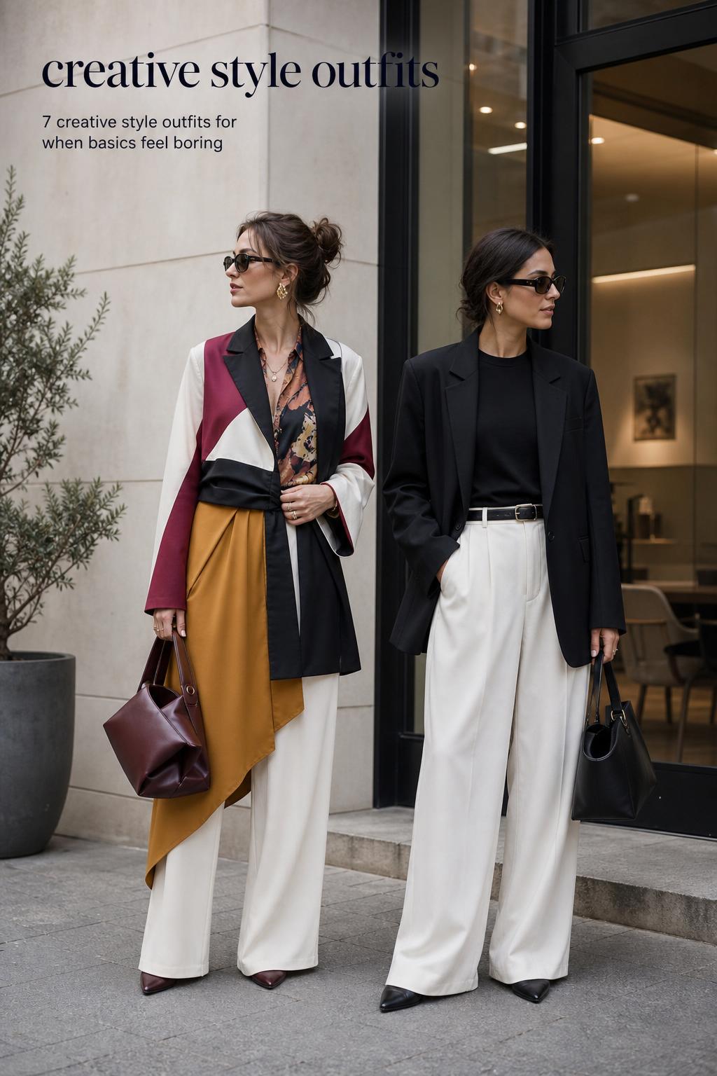 Creative style outfits comparison of expressive editorial dressing vs Scandinavian minimalism in a modern city street-style photo