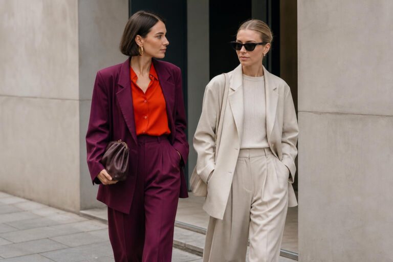 Creative style outfits with a modern minimalist twist featuring a tailored blazer, knitwear, and wide-leg trousers
