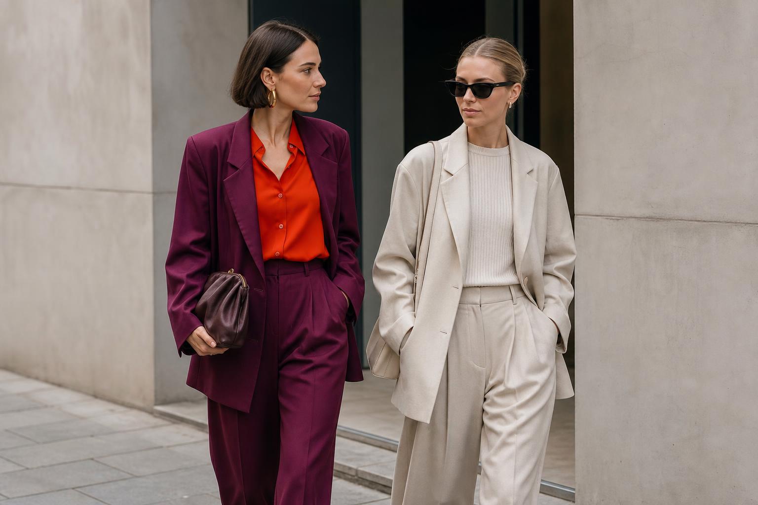 Creative style outfits with a modern minimalist twist featuring a tailored blazer, knitwear, and wide-leg trousers