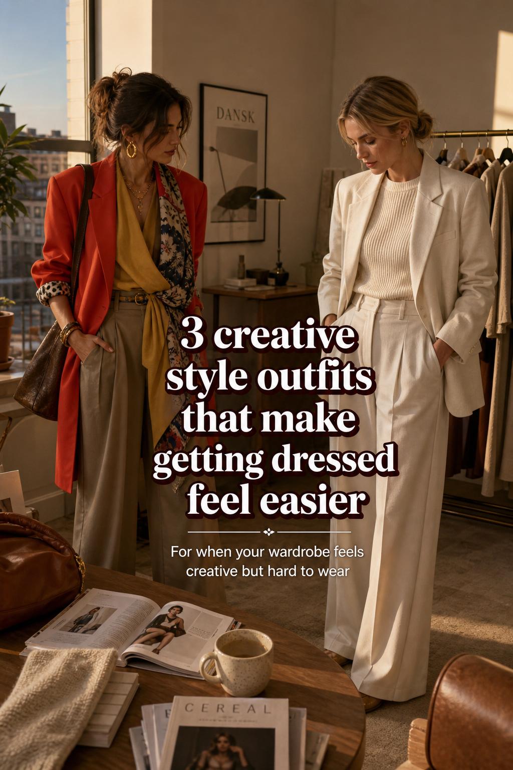 Creative style outfits comparison in a warm urban apartment, showing bold color-blocking versus Scandinavian minimalism