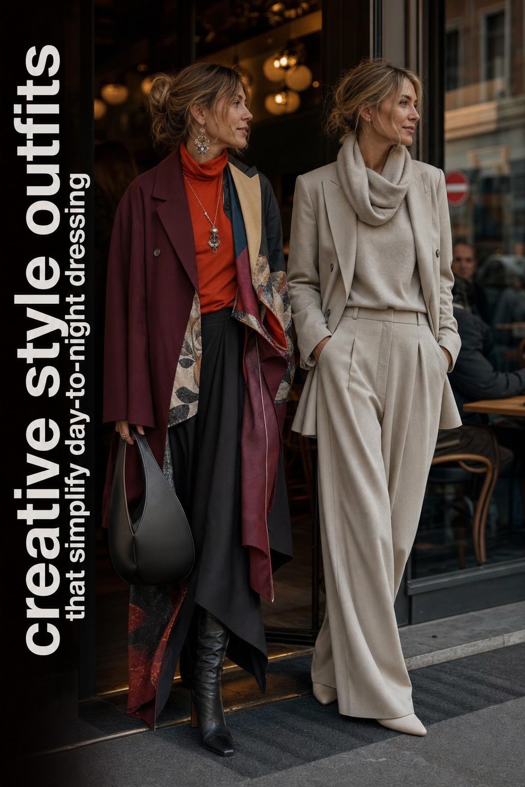 creative style outfits contrasted with Scandinavian minimalism in an upscale city lobby, editorial fashion photo