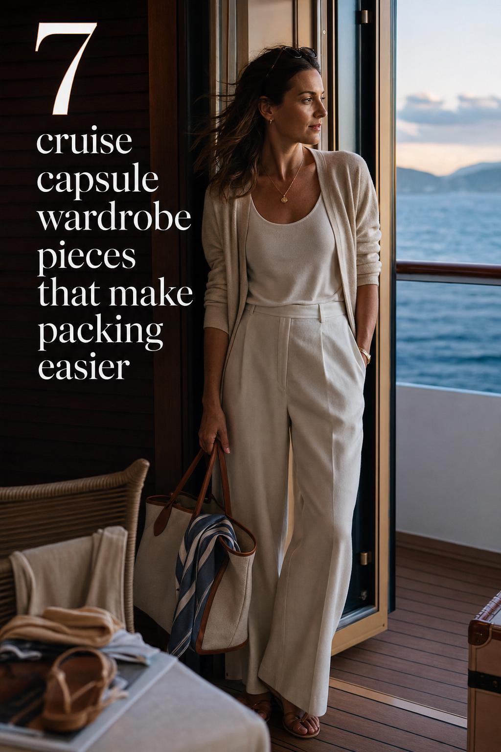 Stylish woman on cruise balcony at golden hour showcasing a cruise capsule wardrobe with tote and folded swimwear nearby
