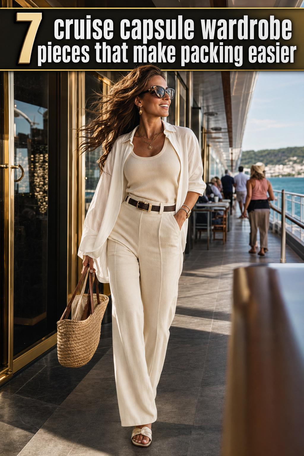 Cruise capsule wardrobe essentials neatly arranged for a stylish vacation, featuring versatile outfits and accessories.