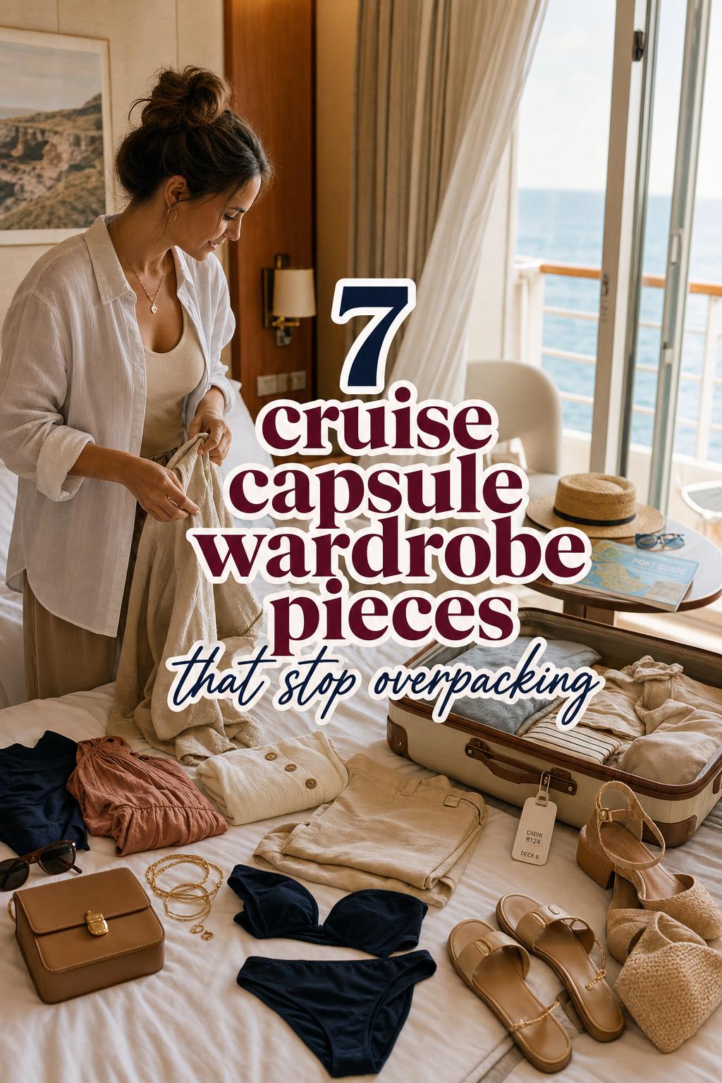 Cruise capsule wardrobe laid out in a sunlit cruise cabin as a woman folds neutral outfits for a week at sea