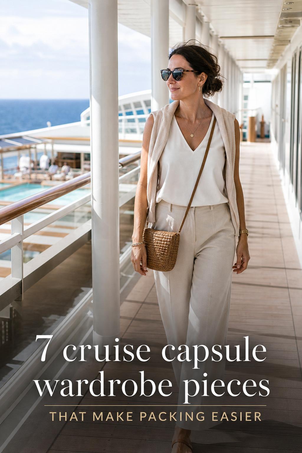 Stylish woman walking cruise ship corridor in neutral outfit, showing a cruise capsule wardrobe with ocean view behind