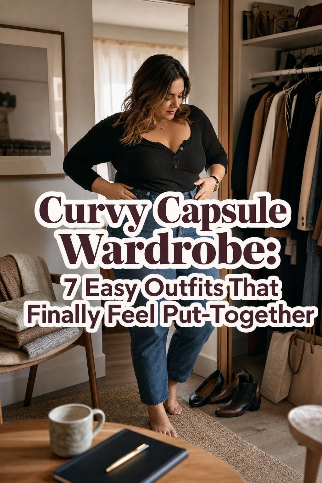 Curvy capsule wardrobe scene of a confident woman choosing neutral outfits in a warm, lived-in apartment with jeans, blazer and coat.