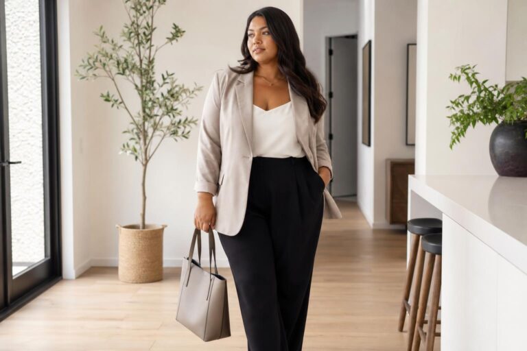 Curvy capsule wardrobe essentials laid out with blazer, knit top, high-rise trousers, and neutral accessories for polished style