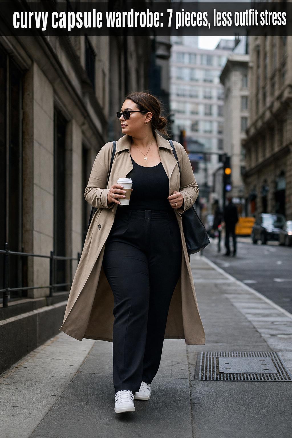 Curvy capsule wardrobe essentials neatly arranged on a bed with neutral tops, jeans, and accessories.