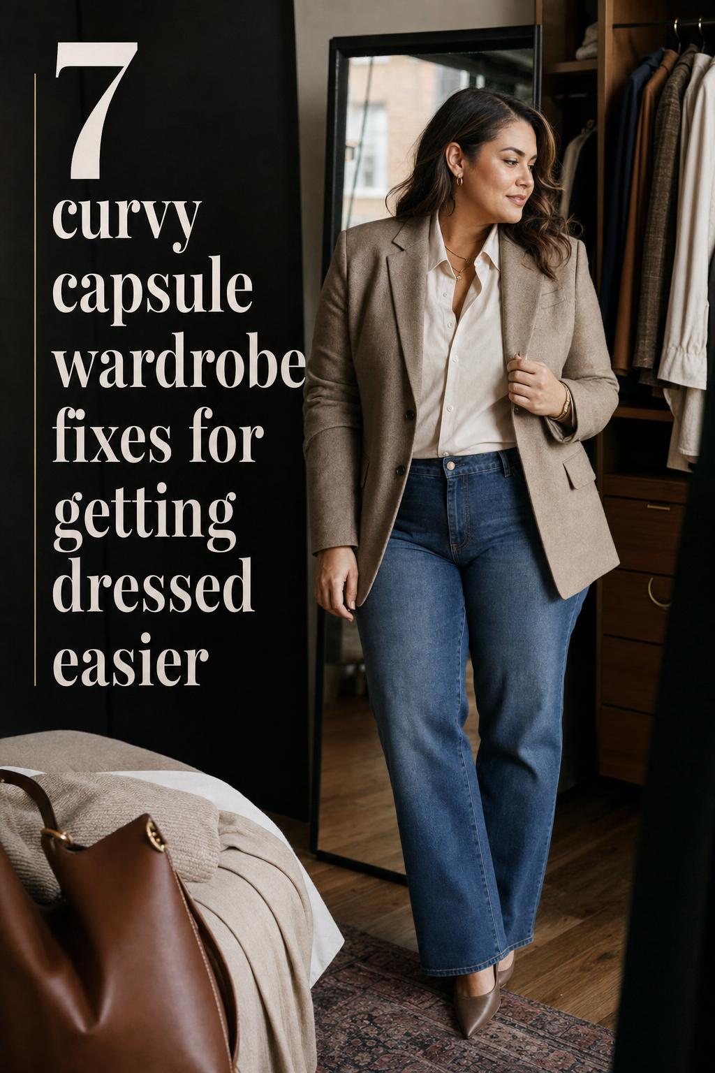 Curvy capsule wardrobe mirror moment with a confident woman adjusting a blazer in a softly lit urban dressing area