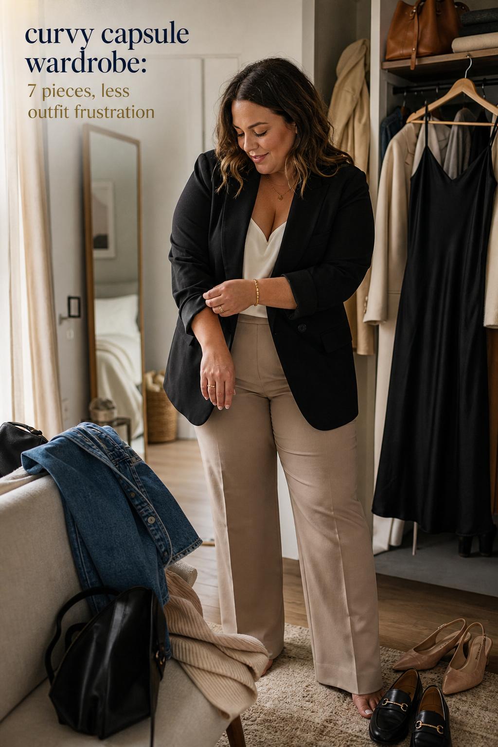 Curvy capsule wardrobe moment: stylish curvy woman adjusting blazer in a modern apartment hallway with versatile outfits nearby.
