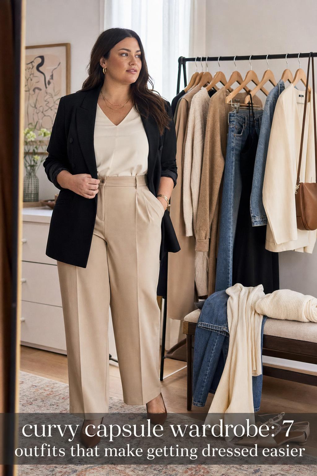 Curvy capsule wardrobe fashion editorial photo of a woman getting ready in a modern apartment with coordinated capsule pieces.