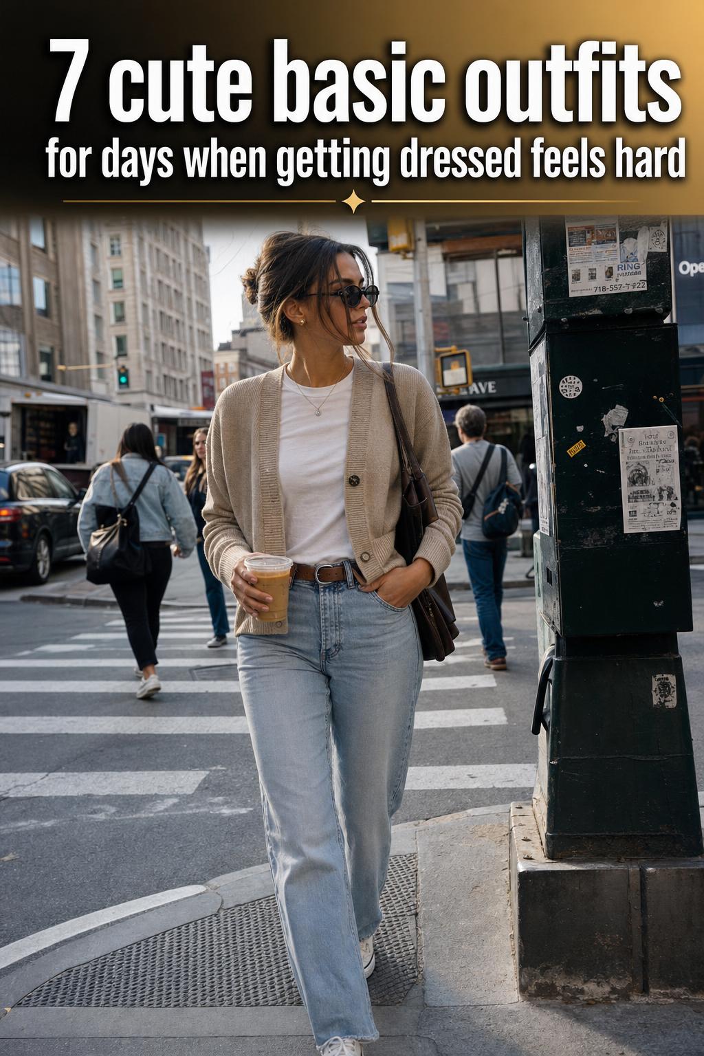 Cute basic outfits laid flat on a bed with neutral tops, denim, and sneakers in natural light