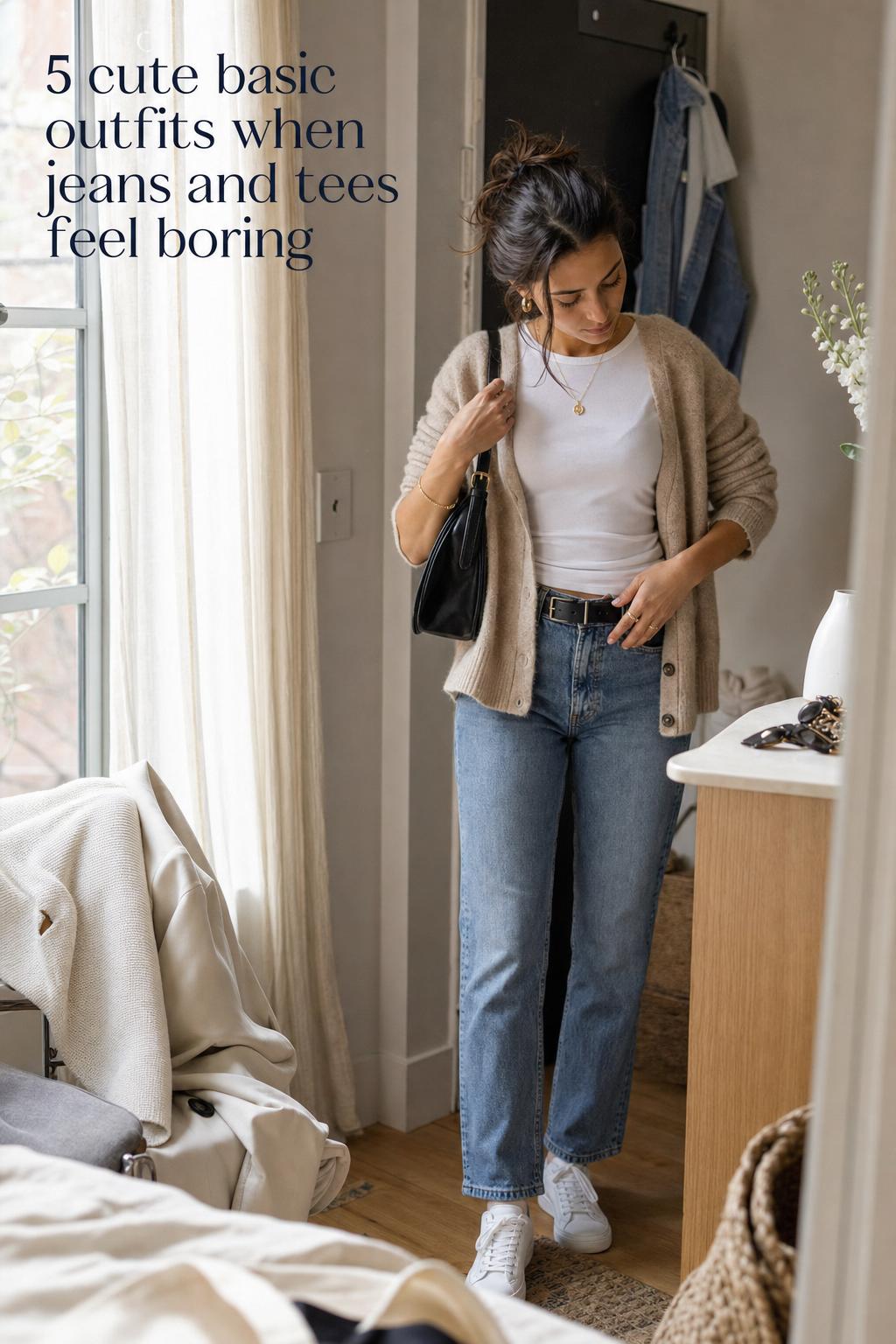 Cute basic outfits: young woman in jeans and tee adjusting bag strap by a window in a city apartment hallway