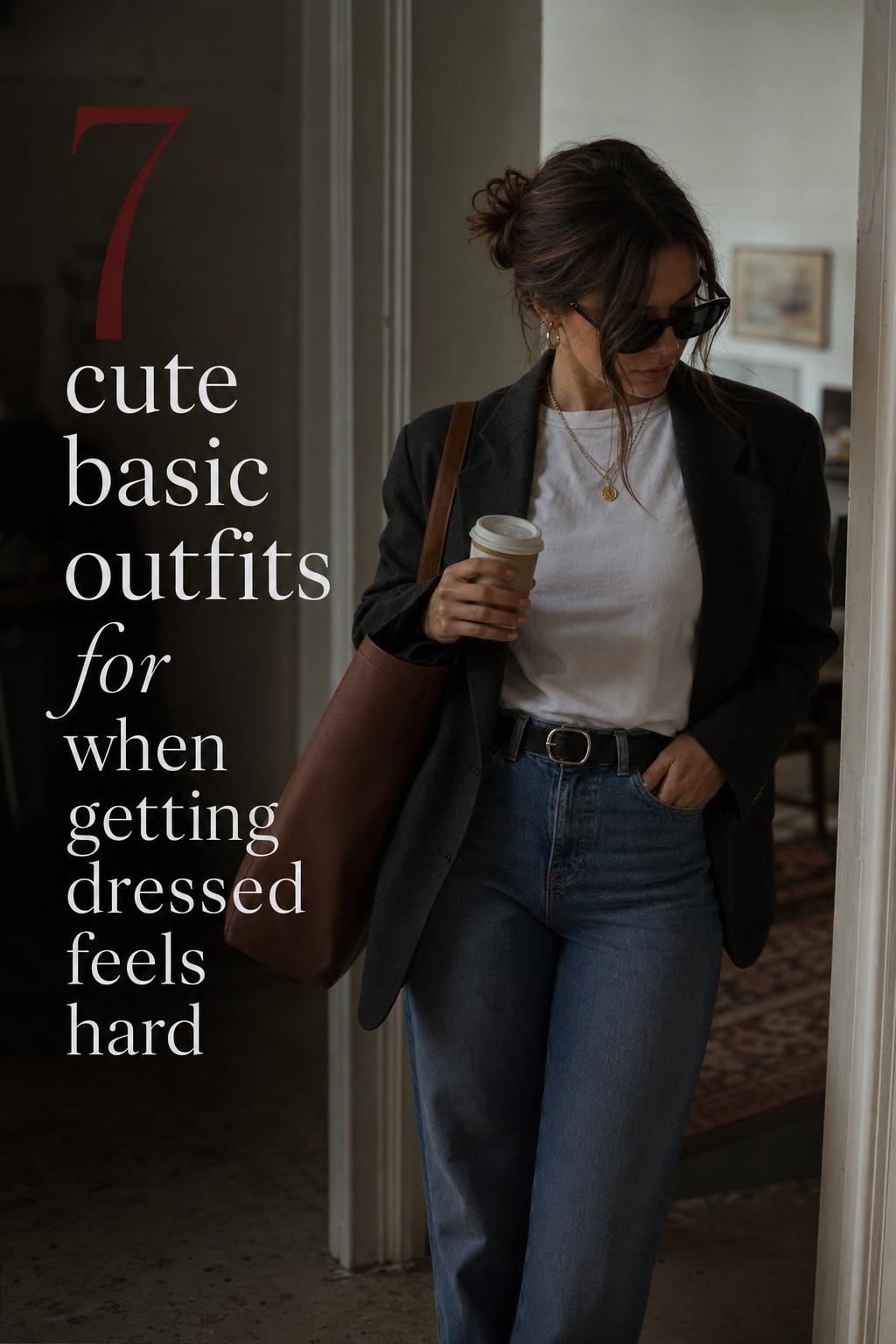 Cute basic outfits idea: woman in white tee, blazer and straight-leg jeans in a moody entryway with elegant text overlay
