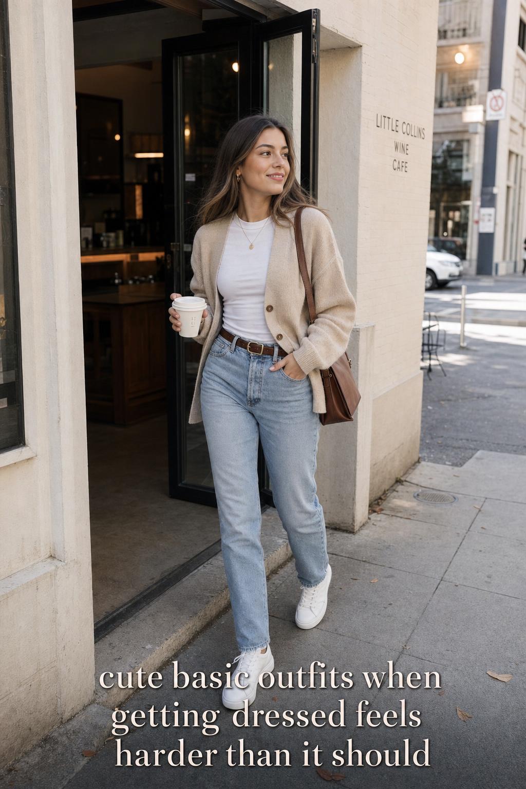 Cute basic outfits street style: woman in white tee, light-wash jeans, beige cardigan and sneakers leaving a café