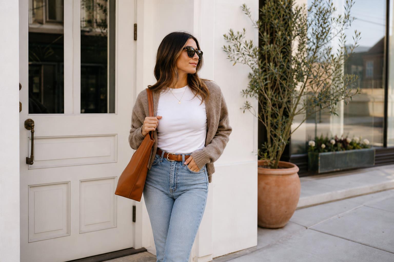 Cute basic outfits with a white tee, straight-leg jeans, blazer, and sneakers in a bright spring street style photo