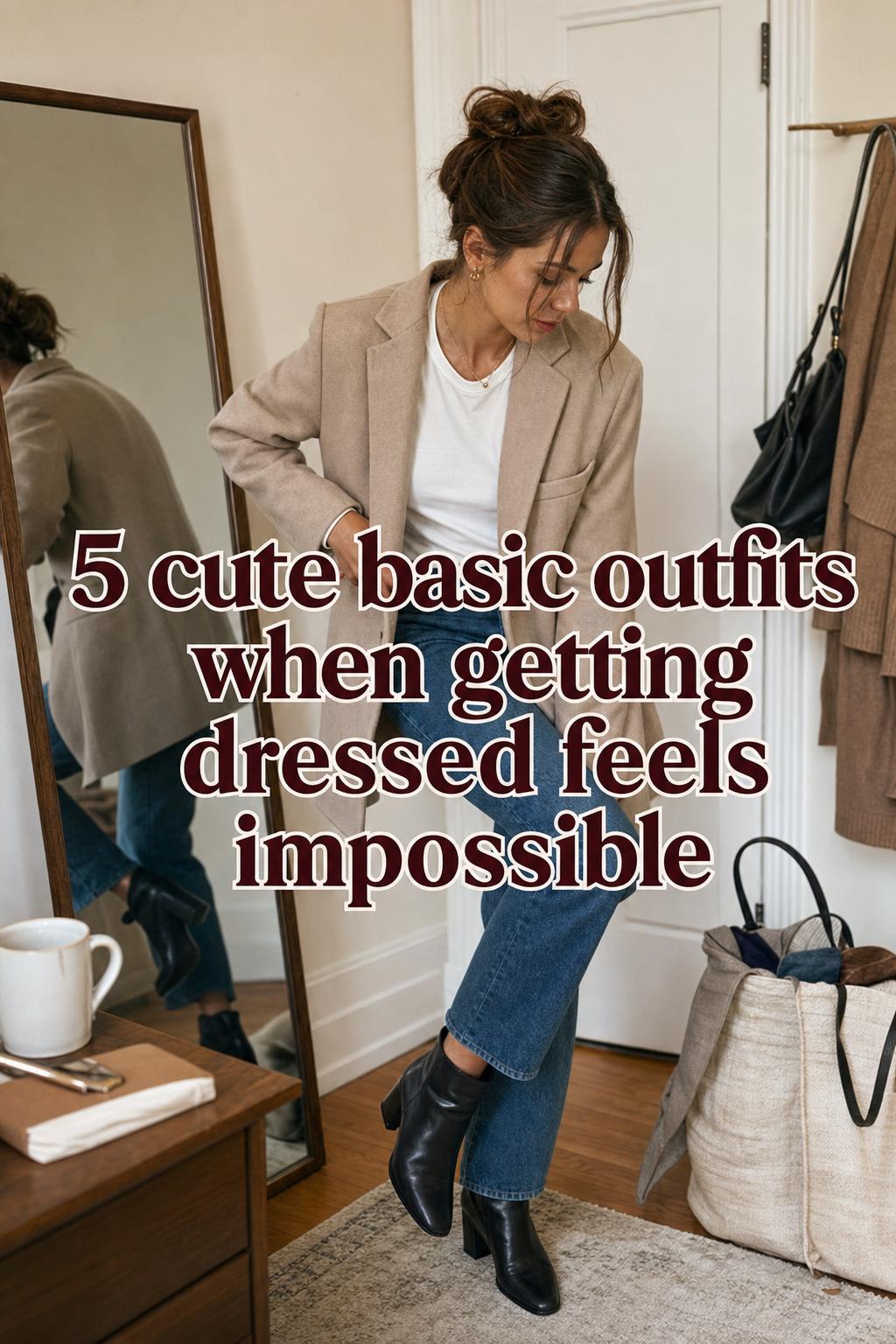 Cute basic outfits idea: woman adjusting blazer by mirror in a warm apartment entryway, jeans, tee, ankle boots and bag