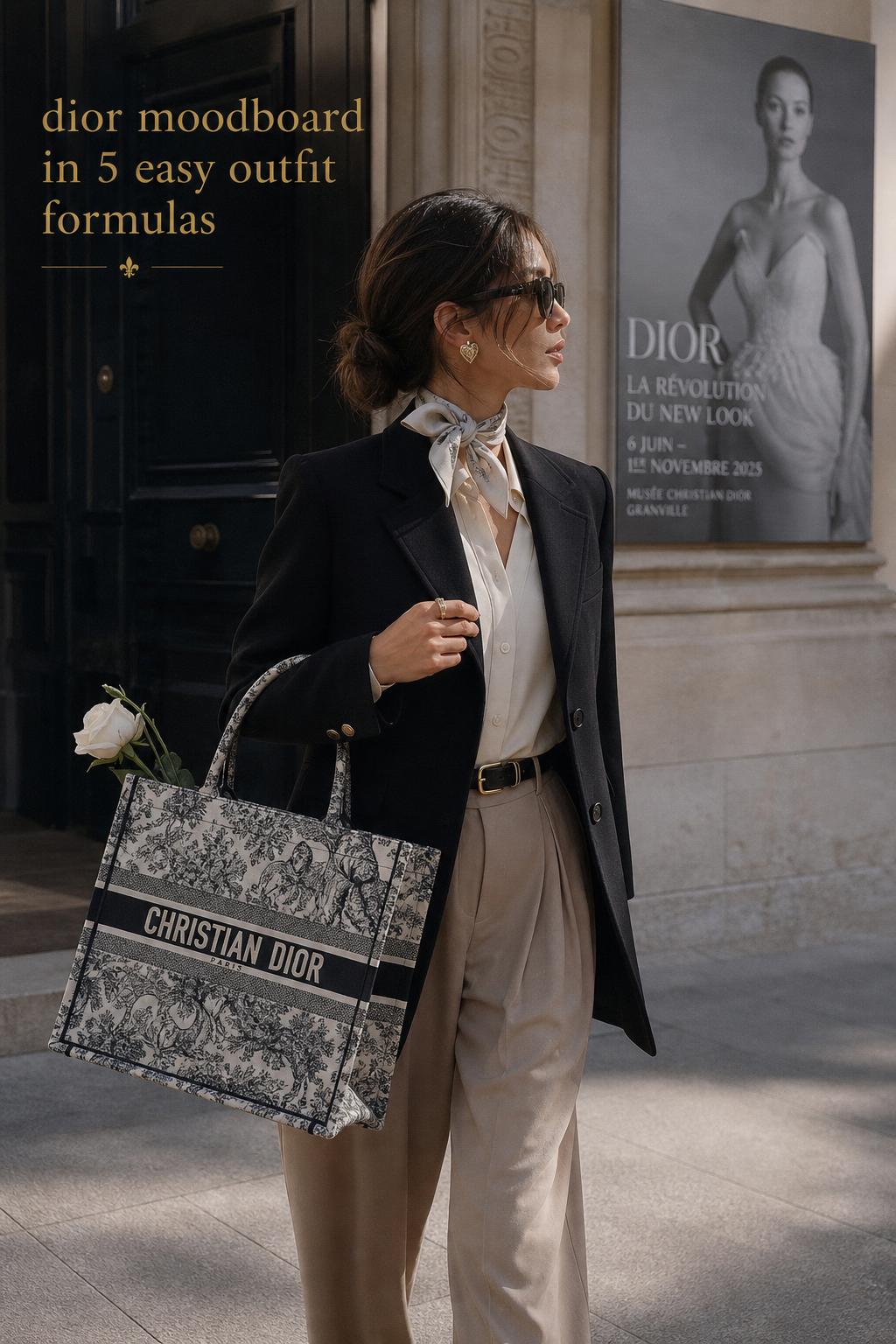 dior moodboard outfit formulas with Paris-inspired blazer, silk blouse, and Dior-inspired tote in refined editorial styling