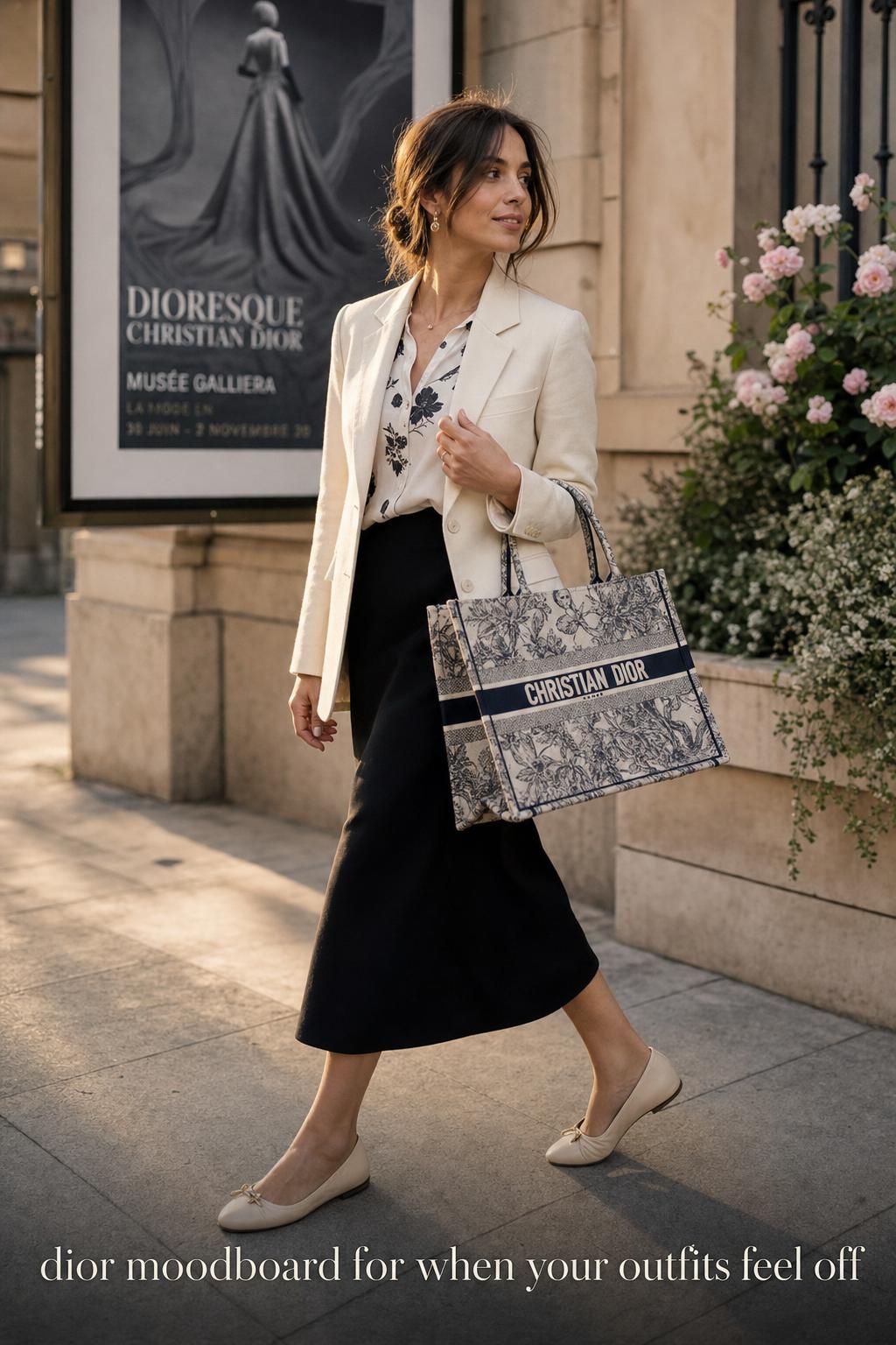 dior moodboard street style photo of a woman outside a Paris gallery at golden hour with a Dior book tote