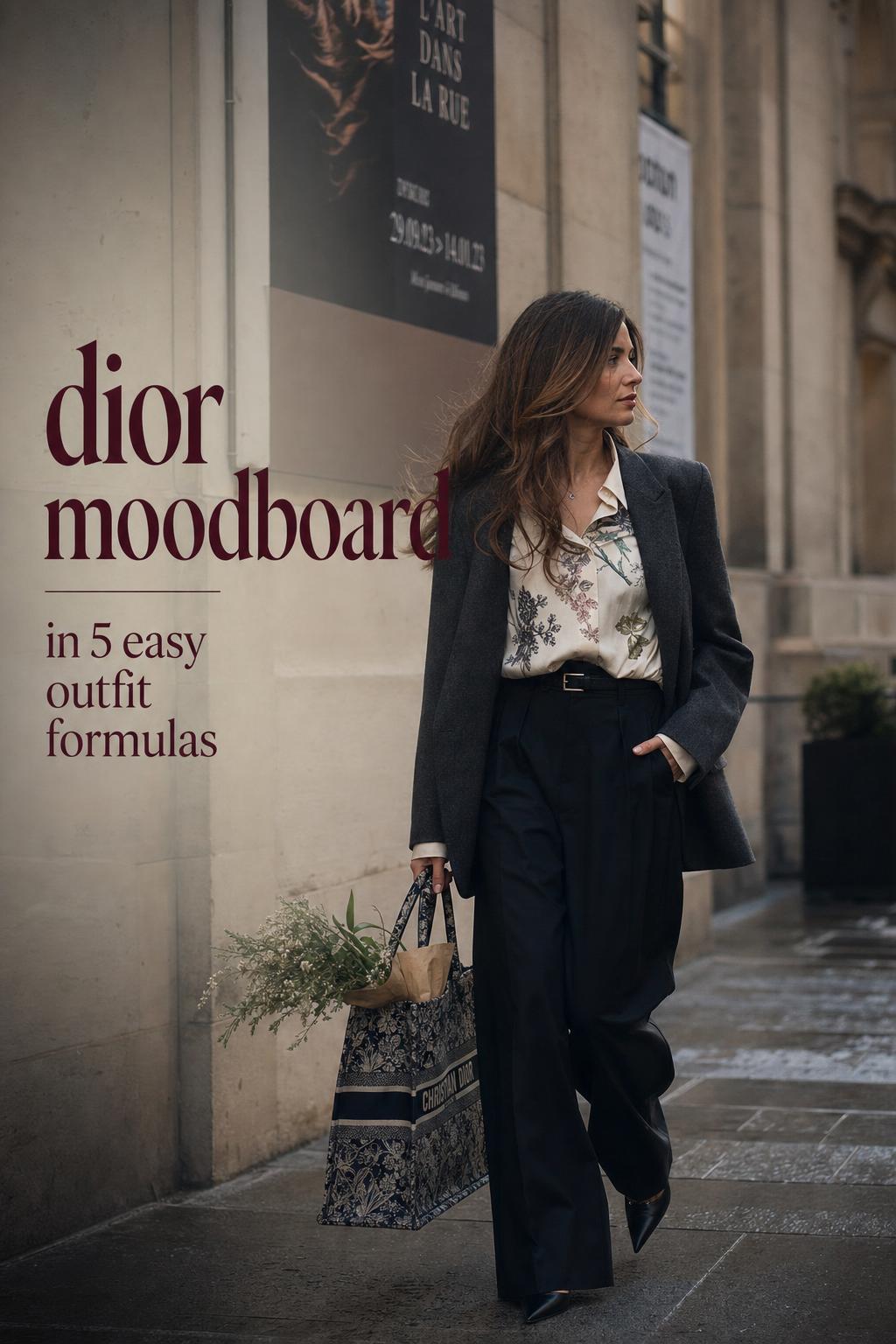 Stylish woman walking in Paris with Dior book tote and overlay text dior moodboard for polished looks without overthinking