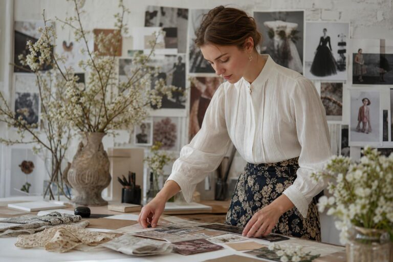 Dior moodboard for spring dressing with tailored trench, neutral palette, floral accents, and a classic book tote on a desk